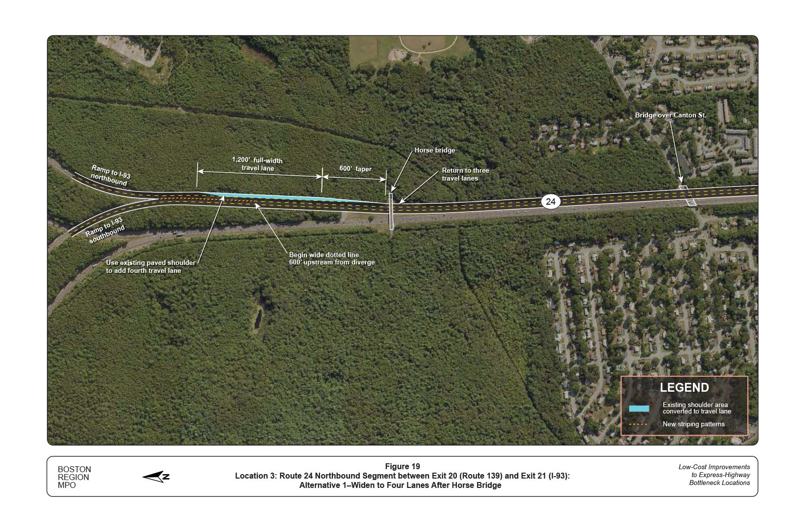 FIGURE 19. Location 3: Route 24 Northbound Segment between Exit 20 (Route 139) and Exit 21 (I-93): Alternative 1–Widen to Four Lanes After Horse Bridge
Figure 19 shows an alternative improvement in this location to address safety and operational issues at the bottleneck. The figure shows the widening of Route 24 northbound to four lanes for a stretch of approximately 1,200 feet between the I-93 interchange and the horse bridge. 

